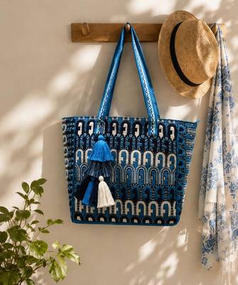  earth edit teal blue ethnic motifs jacquard tote bag 1