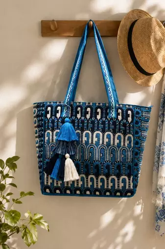  earth edit teal blue ethnic motifs jacquard tote bag
