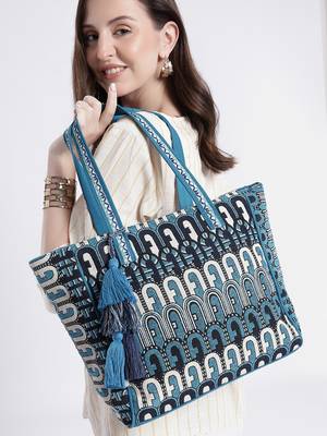 earth edit teal blue ethnic motifs jacquard tote bag 2