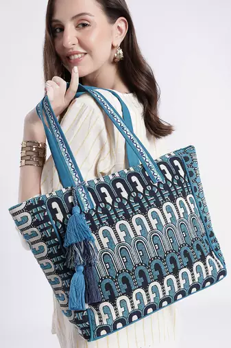  earth edit teal blue ethnic motifs jacquard tote bag