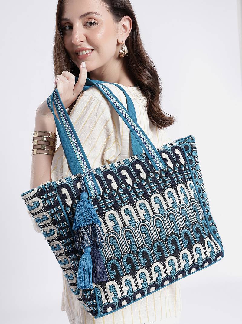  earth edit teal blue ethnic motifs jacquard tote bag