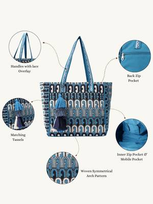  earth edit teal blue ethnic motifs jacquard tote bag 3
