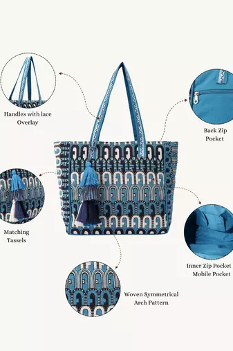  earth edit teal blue ethnic motifs jacquard tote bag