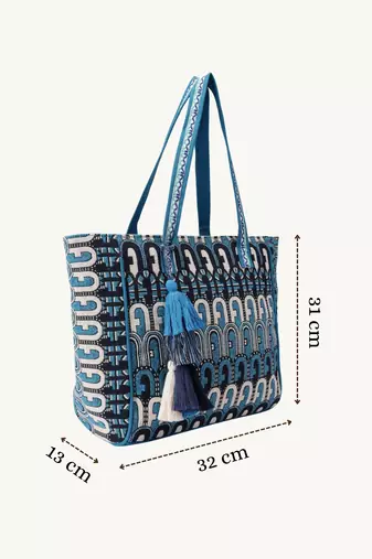  earth edit teal blue ethnic motifs jacquard tote bag
