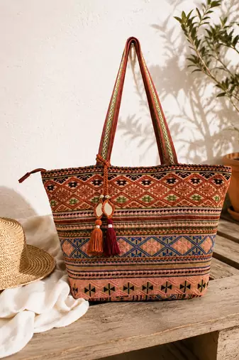  earth edit rust ethnic jacquard tote bag