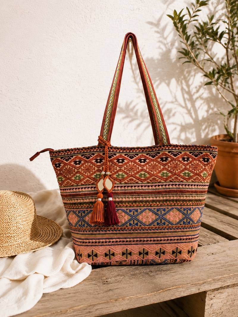  earth edit rust ethnic jacquard tote bag