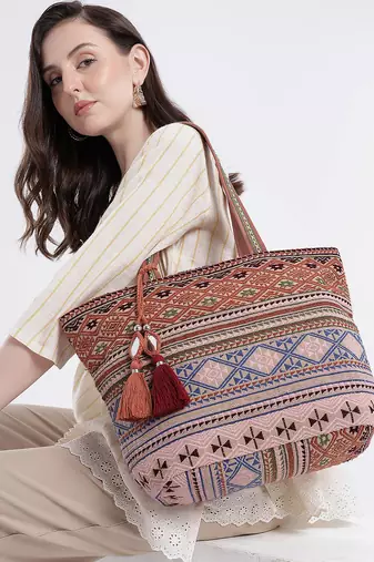 earth edit rust ethnic jacquard tote bag