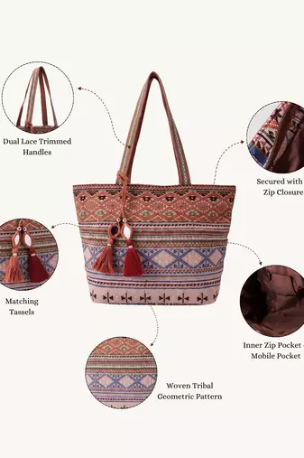  earth edit rust ethnic jacquard tote bag