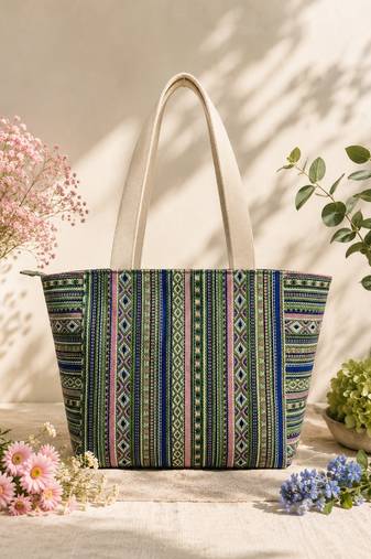  earth edit green & multi ethnic cotton tote bag