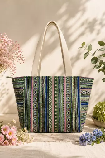  earth edit green & multi ethnic cotton tote bag