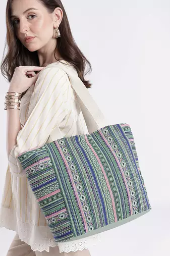 earth edit green & multi ethnic cotton tote bag