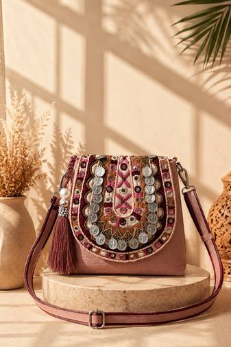  tribal sutra dusty pink boho canvas sling bag