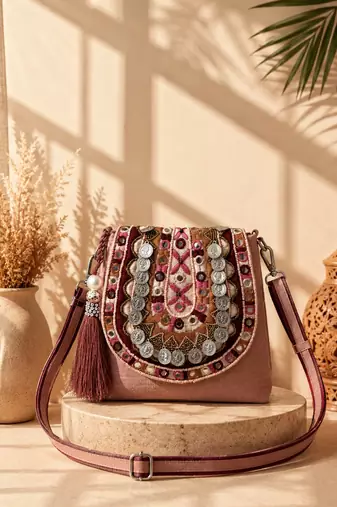  tribal sutra dusty pink boho canvas sling bag