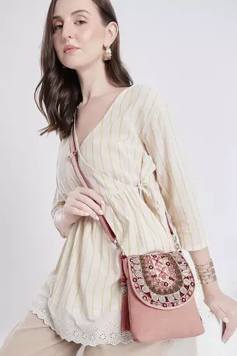 tribal sutra dusty pink boho canvas sling bag