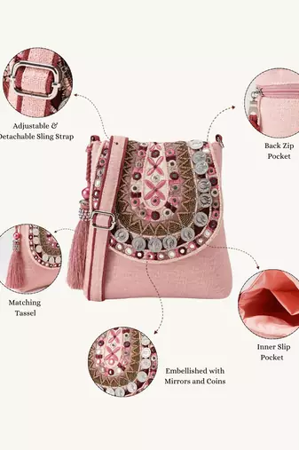  tribal sutra dusty pink boho canvas sling bag