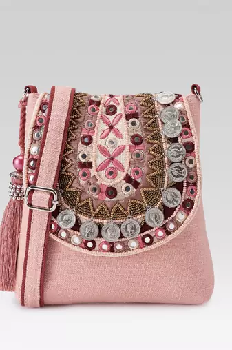  tribal sutra dusty pink boho canvas sling bag