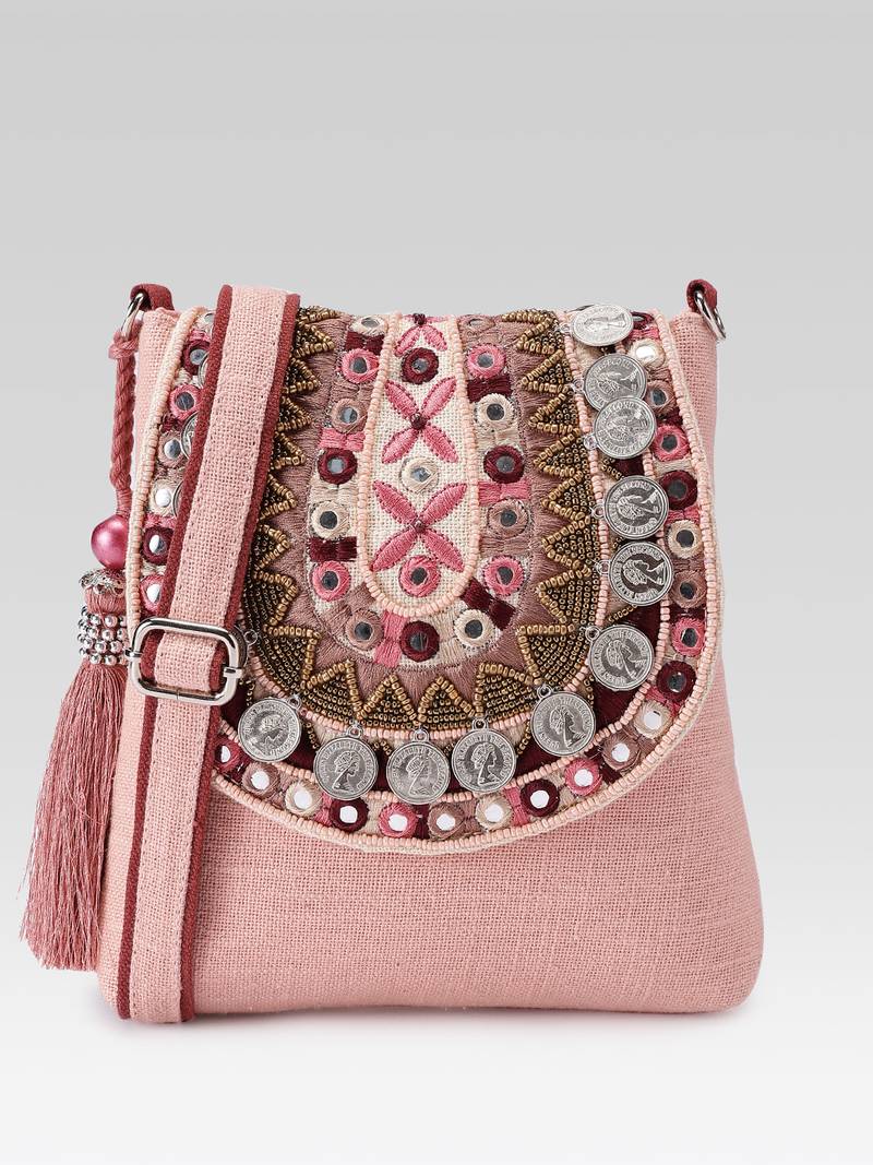  tribal sutra dusty pink boho canvas sling bag