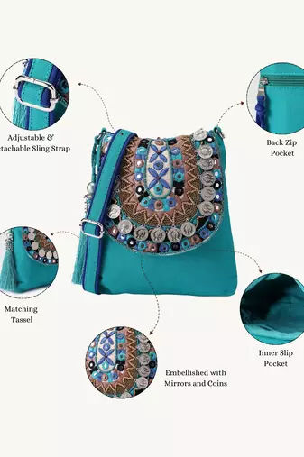  tribal sutra firozi boho canvas sling bag