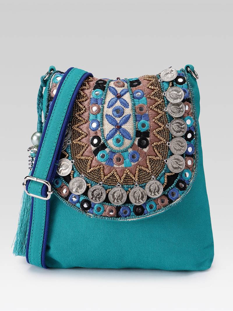  tribal sutra firozi boho canvas sling bag
