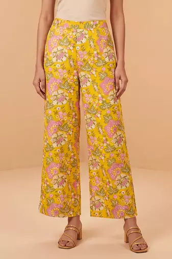 Women yellow rayon floral printed regular trouser