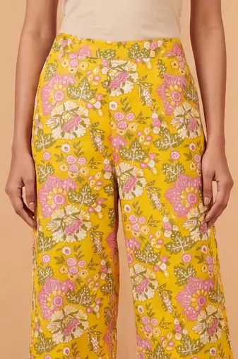 Women yellow rayon floral printed regular trouser