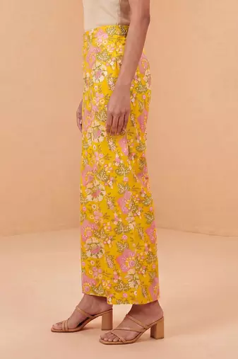 Women yellow rayon floral printed regular trouser