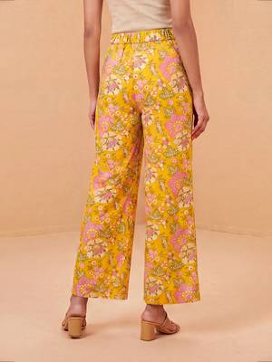 Women yellow rayon floral printed regular trouser 4