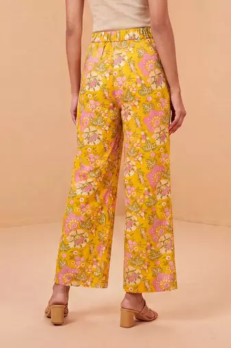 Women yellow rayon floral printed regular trouser