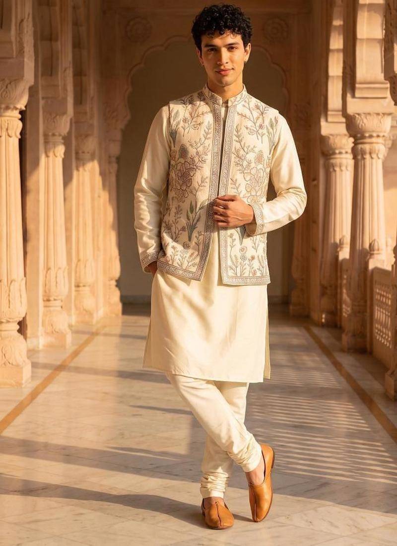 mens modi jacket with embridery work kurta pajama
