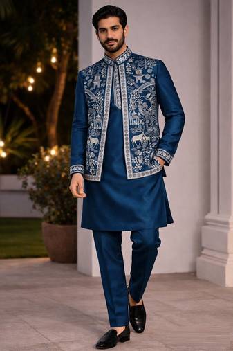 mens modi jacket with embridery work kurta pajama
