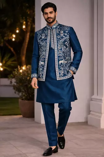 mens modi jacket with embridery work kurta pajama