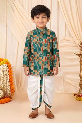 Boys peacock blue abstract tropical print kurta & dhoti set 1