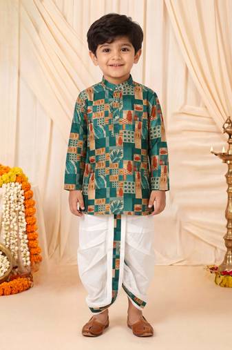 Boys peacock blue abstract tropical print kurta & dhoti set