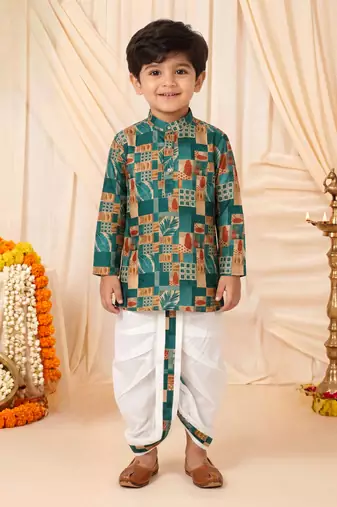 Boys peacock blue abstract tropical print kurta & dhoti set