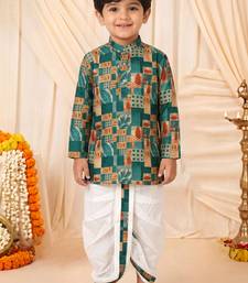 Boys peacock blue abstract tropical print kurta & dhoti set