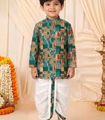 Boys peacock blue abstract tropical print kurta & dhoti set