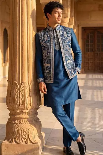 mens modi jacket with embridery work kurta pajama