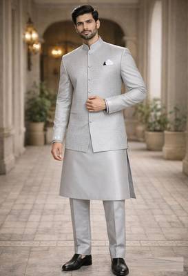 jacquard mens modi jacket with weaving work kurta pajama 1