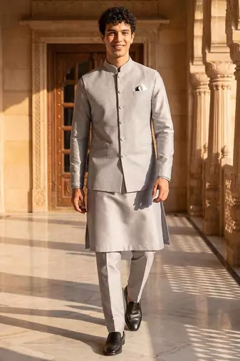 jacquard mens modi jacket with weaving work kurta pajama