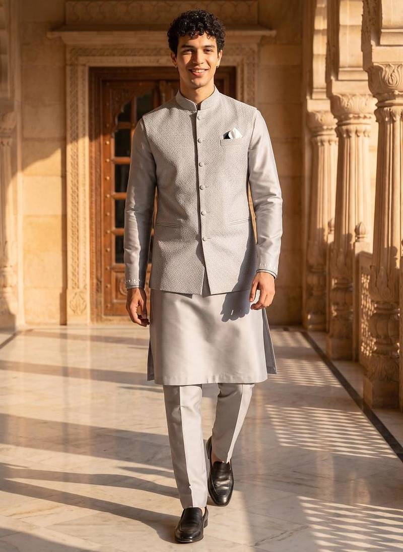 jacquard mens modi jacket with weaving work kurta pajama