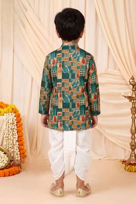 Boys peacock blue abstract tropical print kurta & dhoti set 3