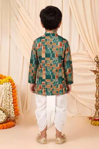 Boys peacock blue abstract tropical print kurta & dhoti set