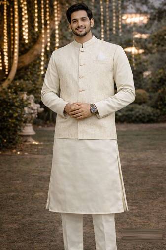 jacquard mens modi jacket with weaving work kurta pajama