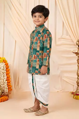Boys peacock blue abstract tropical print kurta & dhoti set