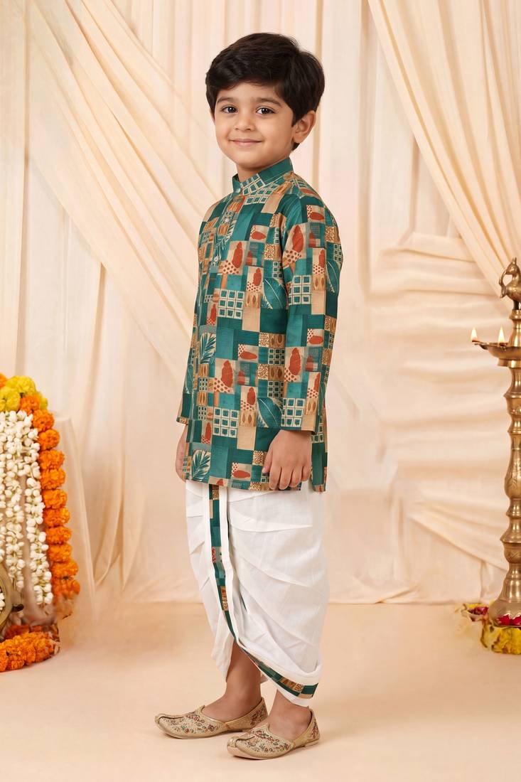 Boys peacock blue abstract tropical print kurta & dhoti set