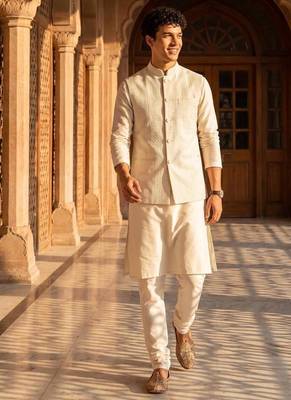 jacquard mens modi jacket with weaving work kurta pajama 2