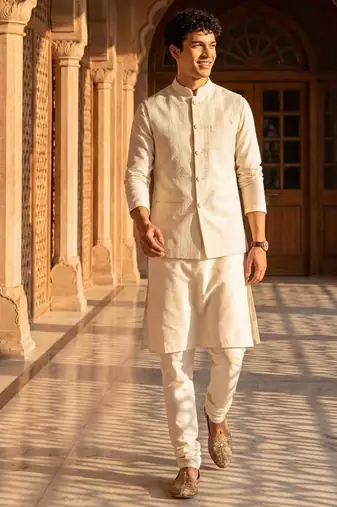 jacquard mens modi jacket with weaving work kurta pajama
