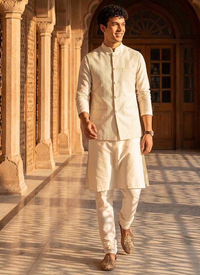 jacquard mens modi jacket with weaving work kurta pajama