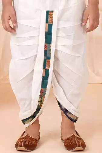 Boys peacock blue abstract tropical print kurta & dhoti set