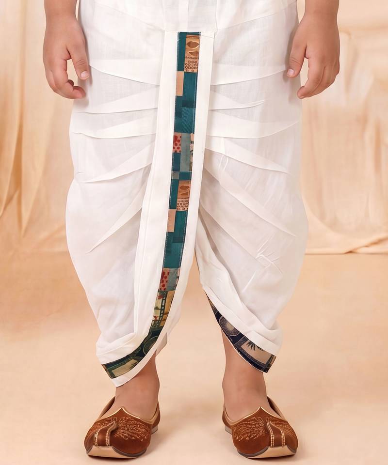 Boys peacock blue abstract tropical print kurta & dhoti set